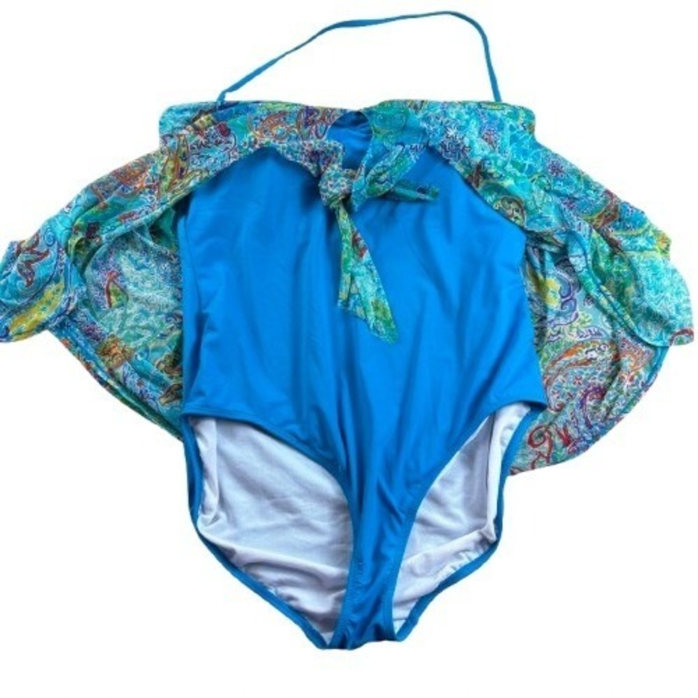 Lauren Ralph Lauren Flyaway One Piece Swimsuit Blue Paisley Mesh Beach Size 16 - Picture 2 of 6